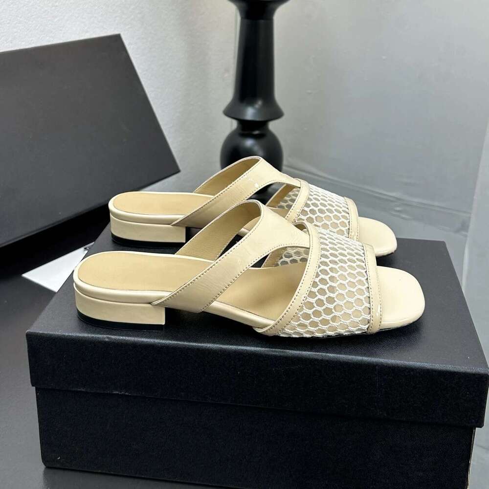 New Women Size35-41 Genuine Leather Slippers Low Heels Mesh Solid Colors Summer Slides Designer Shoes Zapatillas De Mujer