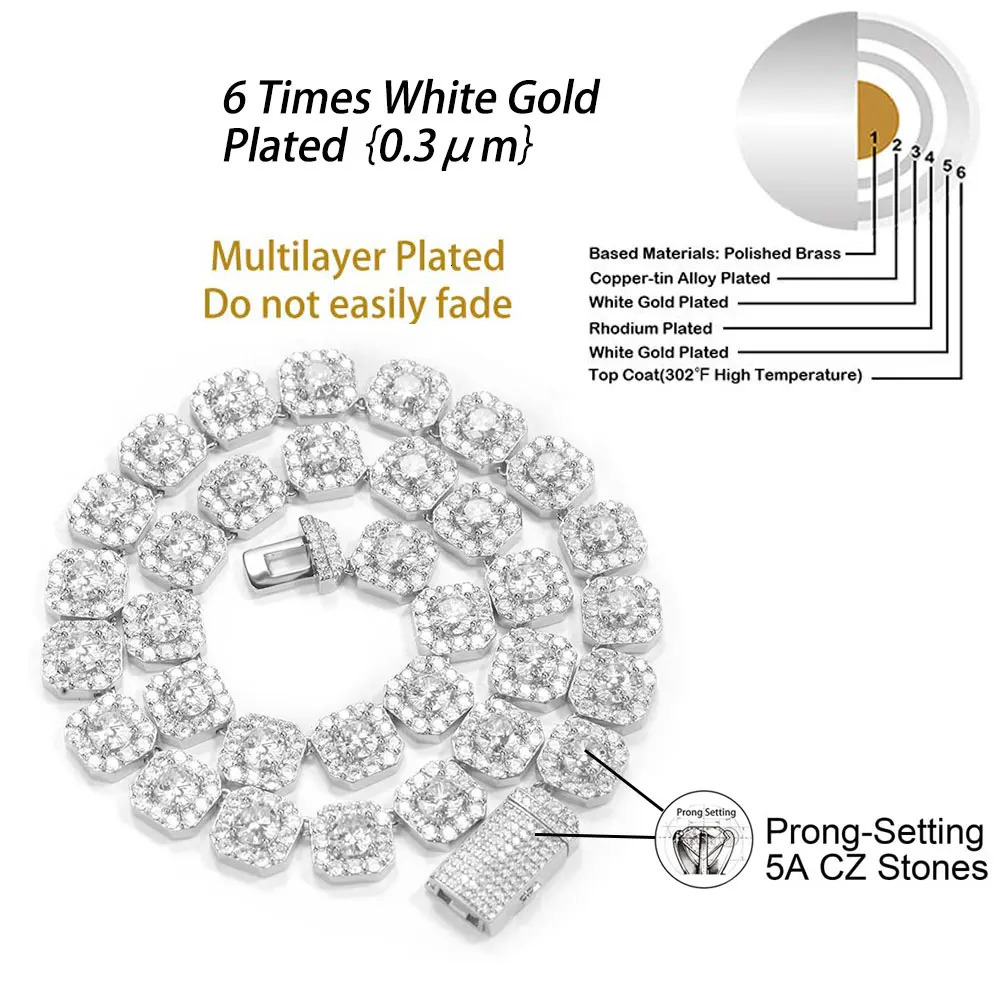 Iced Out Cubic Zirconia Cluster Tennis Chain Necklace Hip Hop Jewelry 10mm 12mm Classic Gift for Men Women 250512