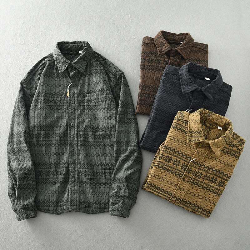 Vintage Corduroy Shirt For Men Japanese Ethnic Embroidered Baggy Lapel Long Sleeve Top Coat Fashion Autumn