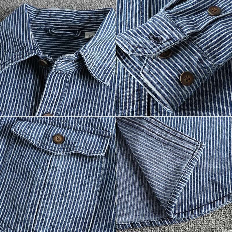 Yarn-Dyed Striped Fabric Washed To Make Old Vintage Cargo Denim For Men European And American Fashion Casual Shirt Coat