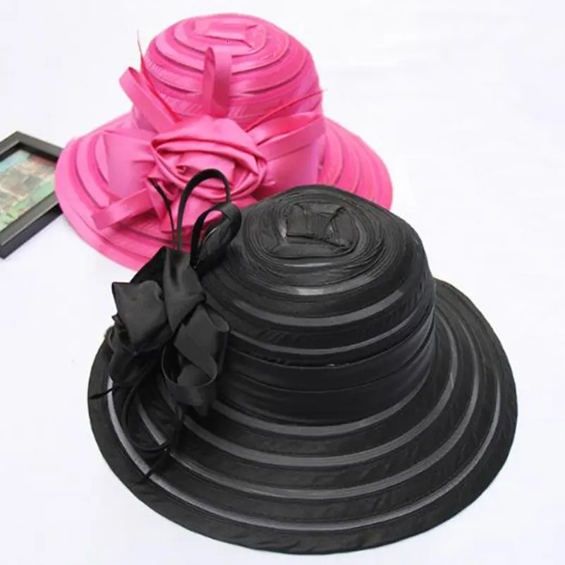 Fashion Women Summer Organza Sun Hats Wide Brim With Big Flower Fedora Hat Elegant Ladies Wedding Church Party 250512