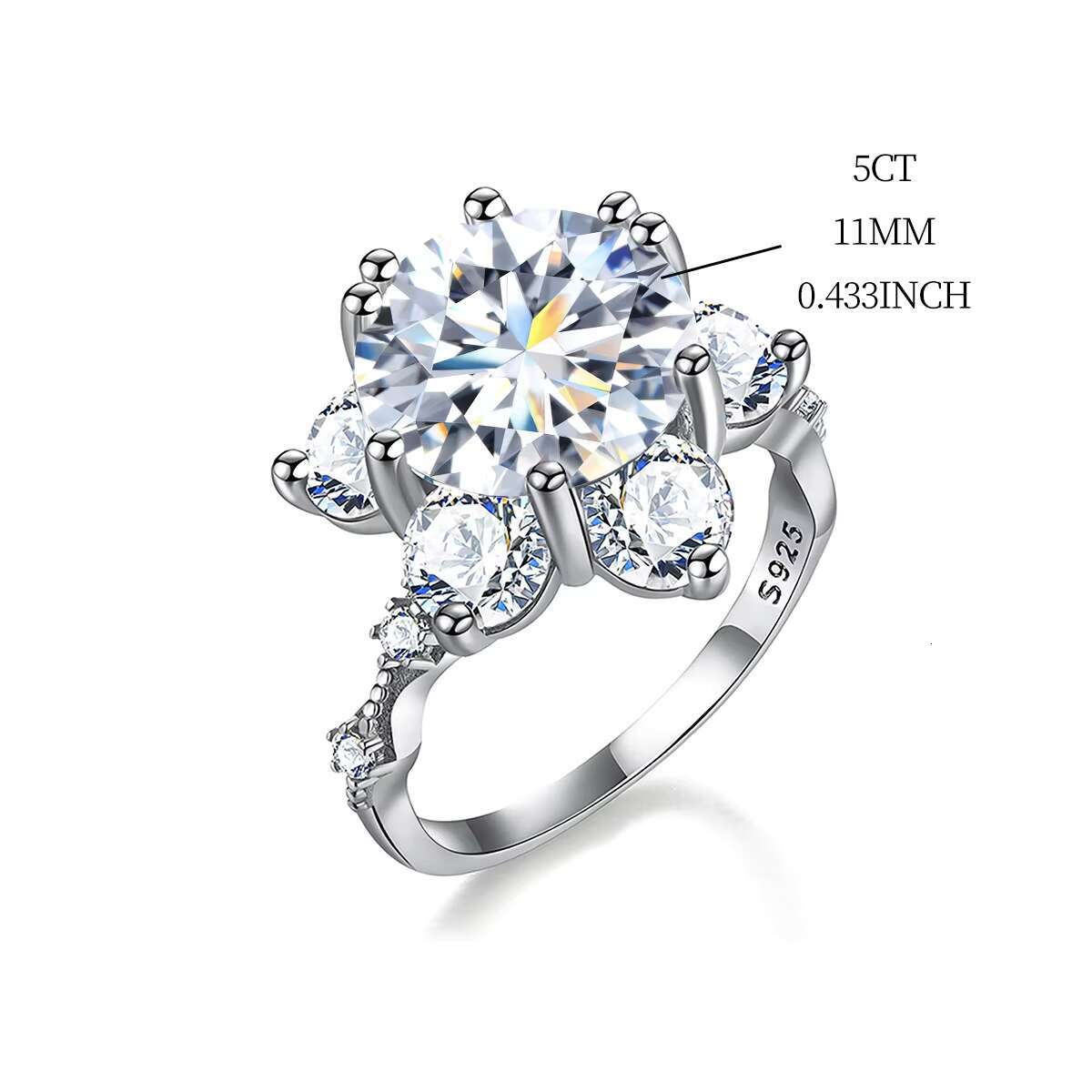 925 Sterling Silver Gra Certified 5ct Large Moissanite Diamond VVS D Color Sun Flower Ring Wedding Luxury Fine Jewelry for Women