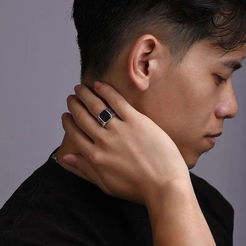 Black Zircon Rings Men Retro Auspicious Cloud Pattern Obsidian Open Index Finger Ring Punk student Jewelry Accessories 250509
