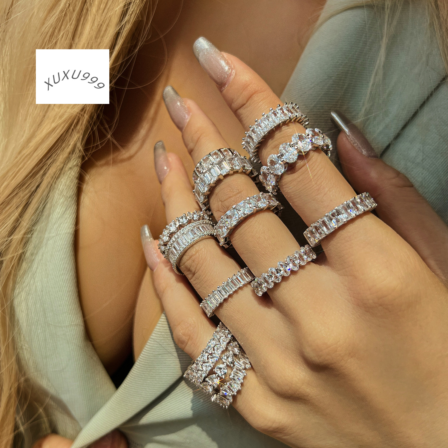 5A Cz Cubic Zirconia Ring Eternity Wedding Bands Engagement Baguette Diamond S925 Sterling Silver Stackable Rings Jewelry Women