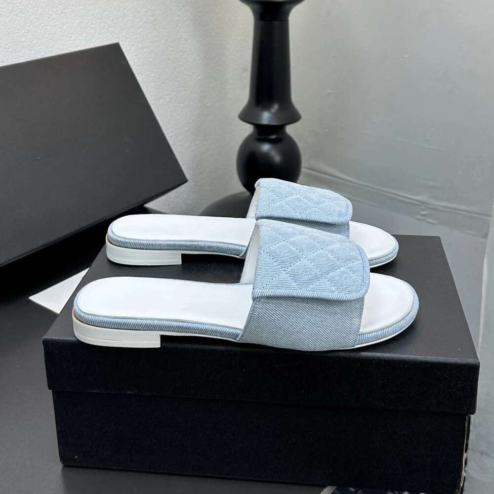 Women Size35-41 Denim Slippers Low Heels Sewing Summer Slides Genuine Leather Leisure Designer Shoes Zapatillas De Mujer