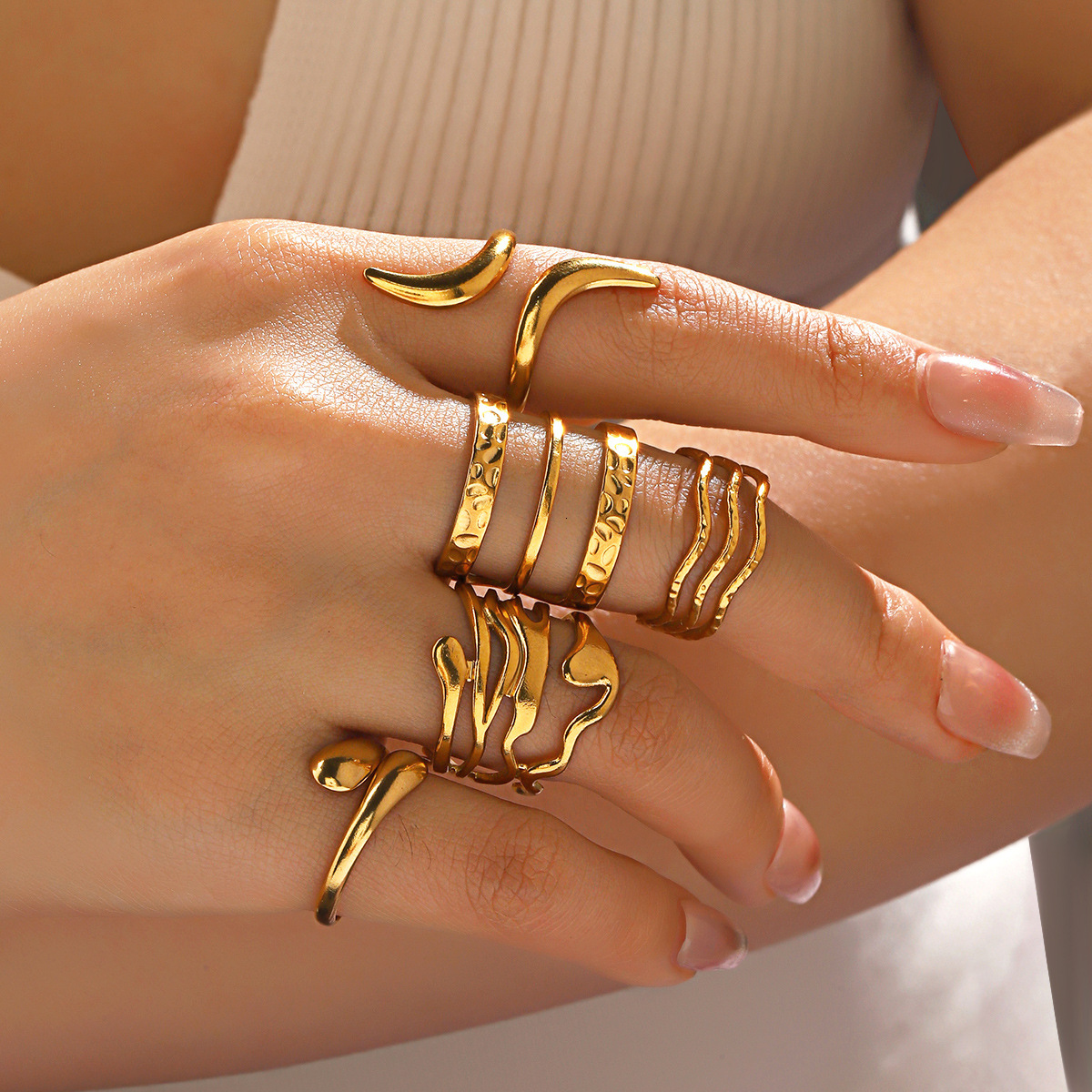Stainless Line Open Personalized Hip Hop Gold Plated Irregular Shaped Titanium Steel Ring