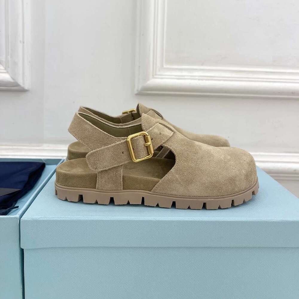 Women Size35-42 Natural Cow Suede Sandals Beach Flats Round Toe Buckle Strap Leisure Designer Shoes Zapatillas De Mujer