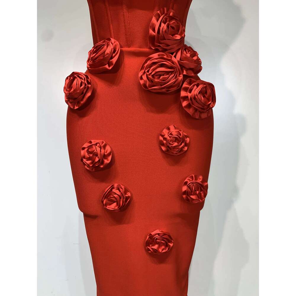 2025 Newest Women Sexy Strapless Backless Red Flower Midi Bandage Dress Celebirty Elegant Evening Club Party Birthday Dresses