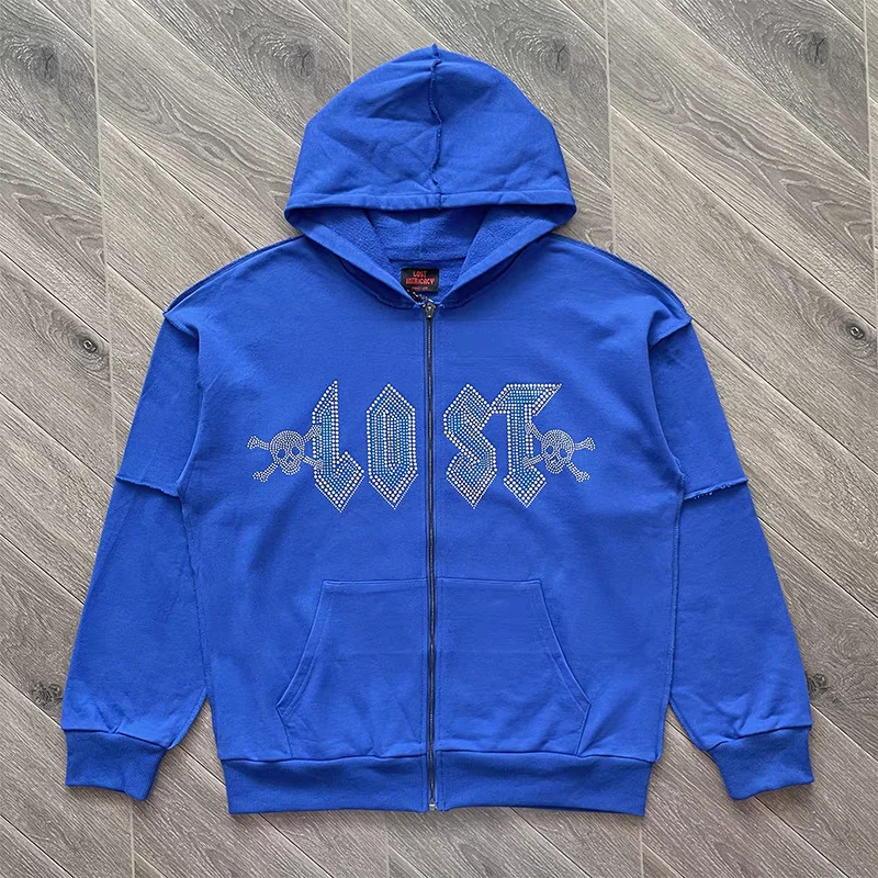 2025fw Blue Rhinestone Zip Up Hoodie Men Women 1:1 High Quality Diamond Casual Hooded