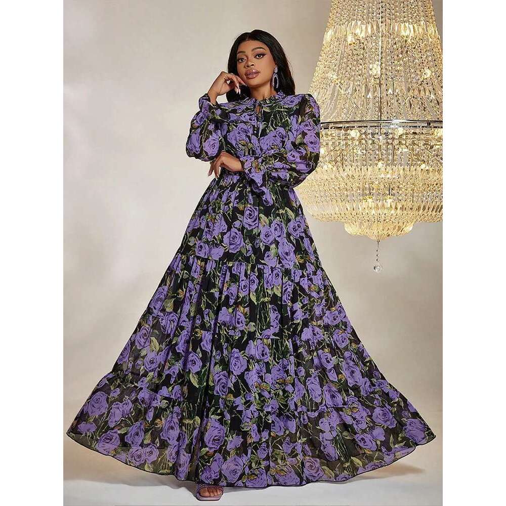 TOLEEN Women Plus Size Maxi Dresses Sweet Print Birthday Party Vintage Chiffon Lantern Sleeve Elegant Dress
