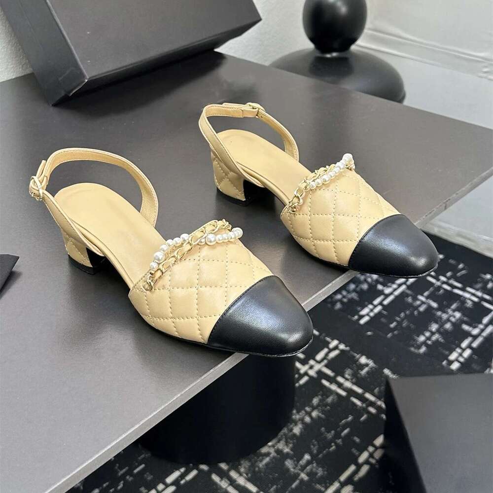 Women Size35-41 Genuine Leather Pumps Slingbacks Med Heels Pearl Chain Sandals Sewing Designer Shoes Zapatillas De Mujer