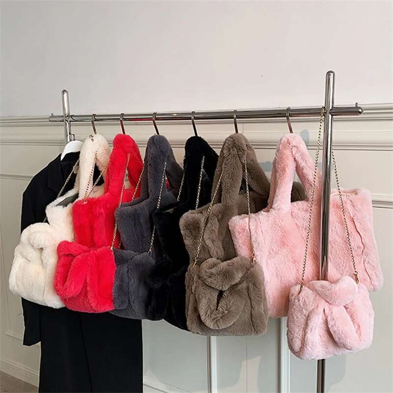 Women's Faux Fur Shoulder Autumn Winter Plush Tote Puffer Handbag Casual Fuzzy Large Capacity Shopping Bag 2023 New
