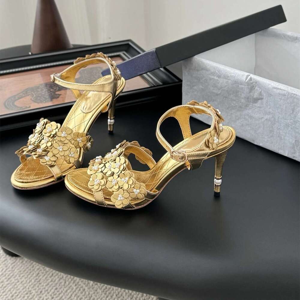 Women Size35-41 Genuine Leather Sandals Super High Heels Flowers Pearls Pumps Summer Designer Shoes Zapatillas De Mujer