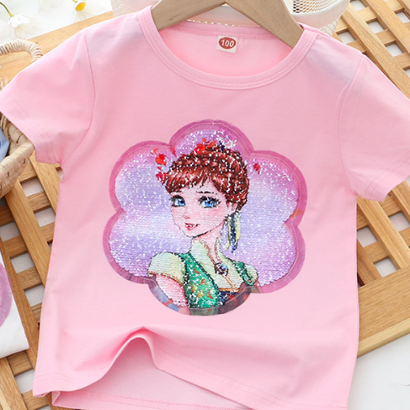 DISNEY Frozen Princess Elsa Kids designer clothes Little girl summer outfit short-sleeved reversible color-changing sequin T-shirt princess top.