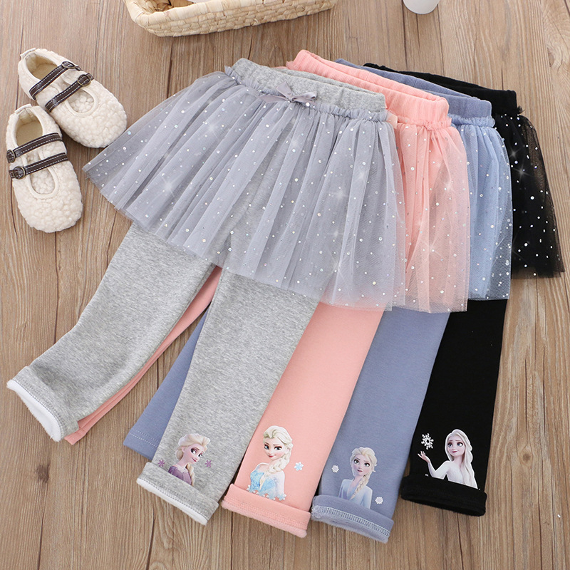 DISNEY Frozen Elsa princess kids designer clothes girl short dress and trousers pseudo two piece comfortable and soft.