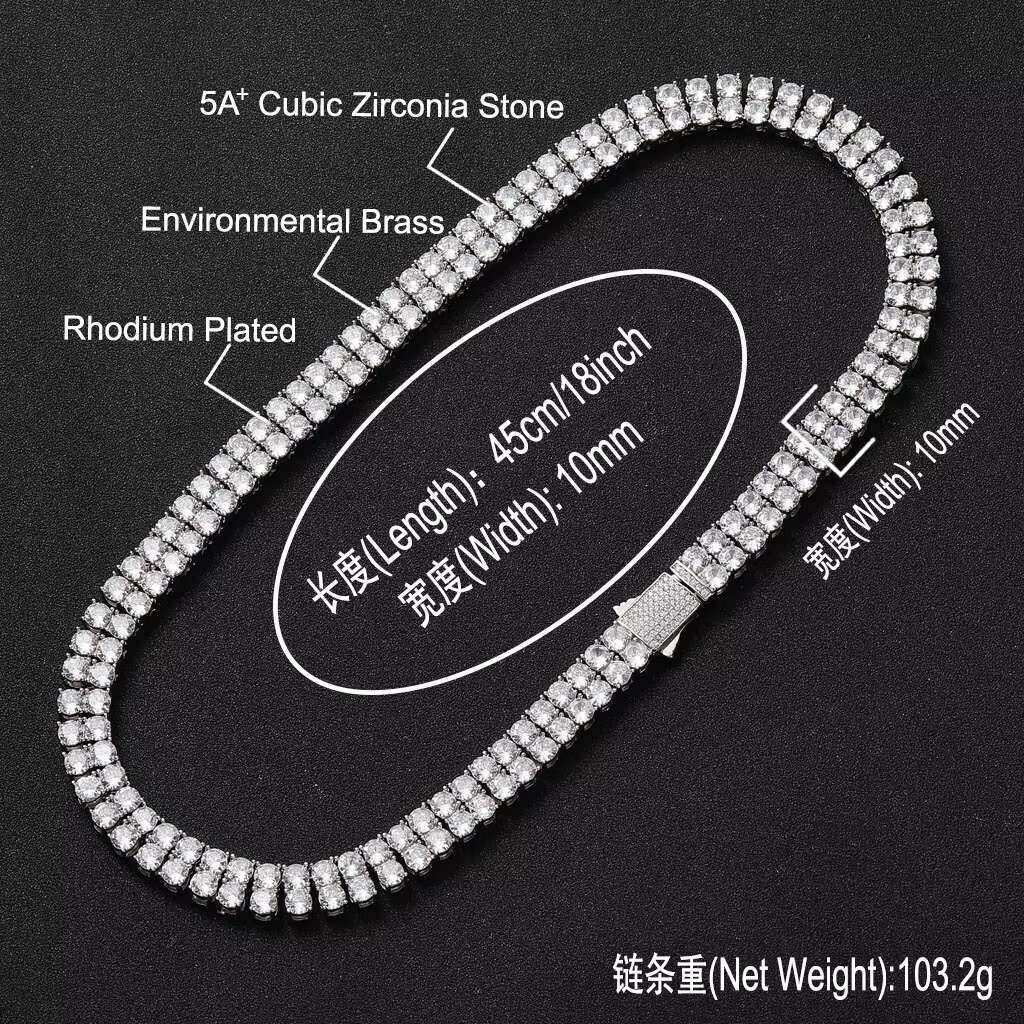 BES 5mm Ins Hip Hop Necklace Male Double Row Full Diamond Zircon Necklace Hip Hop Spring Buckle Collarbone Chain Tennis Chain