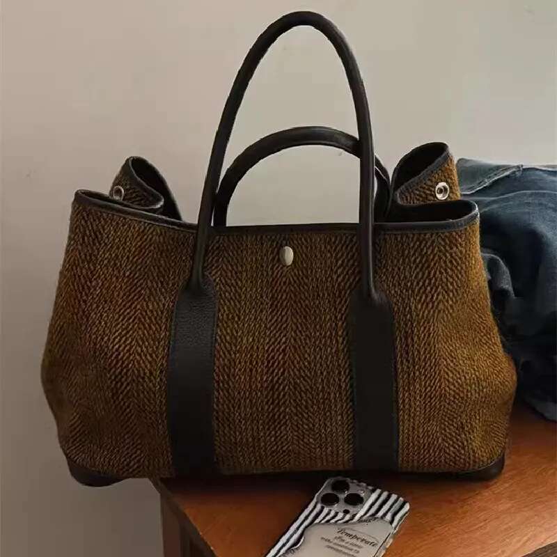 Vintage Woolen Tote Bag Women Handbags Casual And Fashion Large Capacity Autumn Winter Shopper Purses
