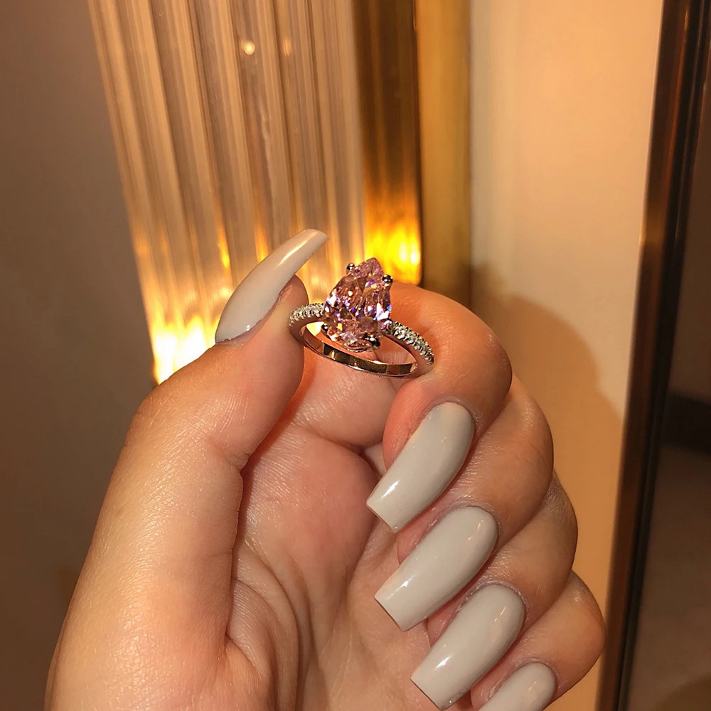 Silver Color Cute Pink Pear Cut Zircon The Engagement Rings for Women Wedding Anel Aneis Party Personalized R6929 250509