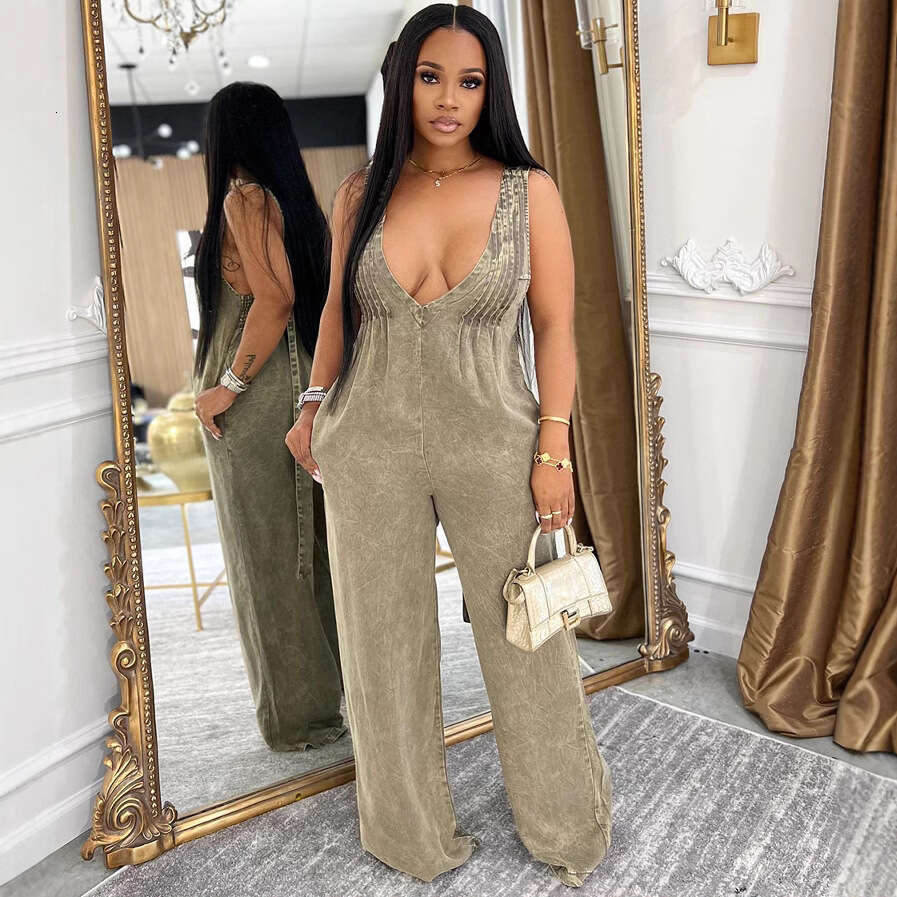 Fashionable plus-size women's clothing Women's denim women's new solid color backless sleeveless loose jumpsuit