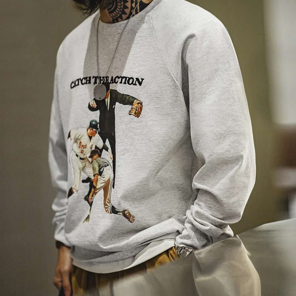 Maden Vintage Baseball Print Sweatshirt Heavyweight Letter Embroidery Loose Fit Hoodies Casual Crew Neck Top For Men's Spring Designer
