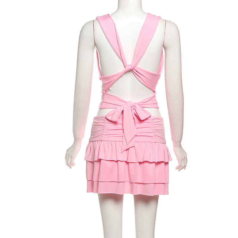 Chic 2 Piece Set Women Sexy Halter Swing Collar Tank Tops+Tierred Skirts Matching Beach Party Vacation Elegant Clubwear