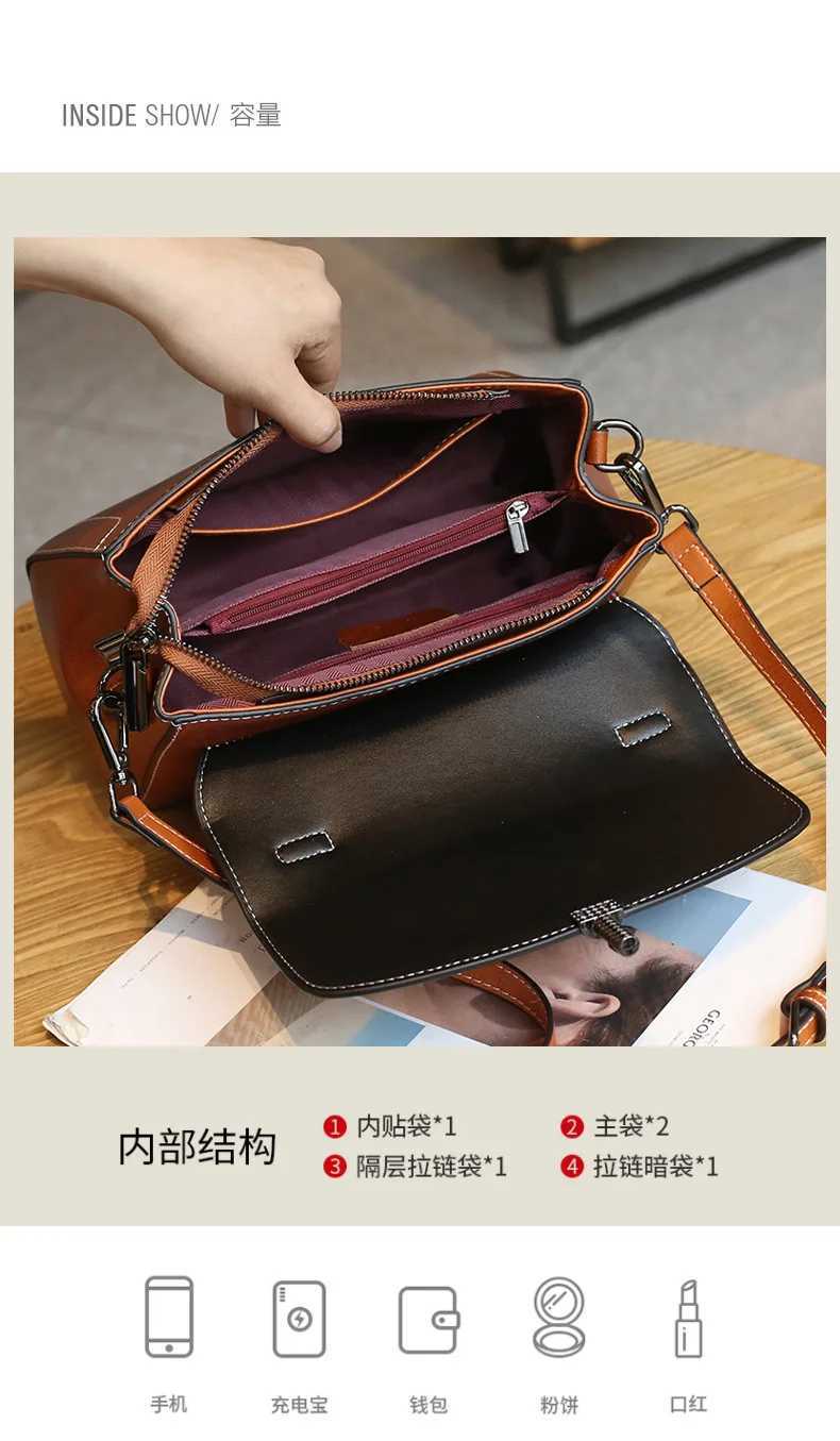 Leather womens bag shoulder bag 2025 new retro fashion handbag womens premium texture oil wax cowhide messenger bagW250512