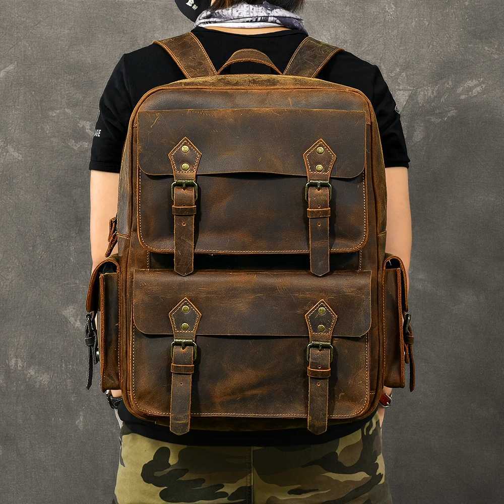 Vintage Crazy Horse Genuine Leather Backpack Men Bagpack Cowhide Hiking Backpack 17laptop Bag Male Travel Rucksack Large M815 Z250512