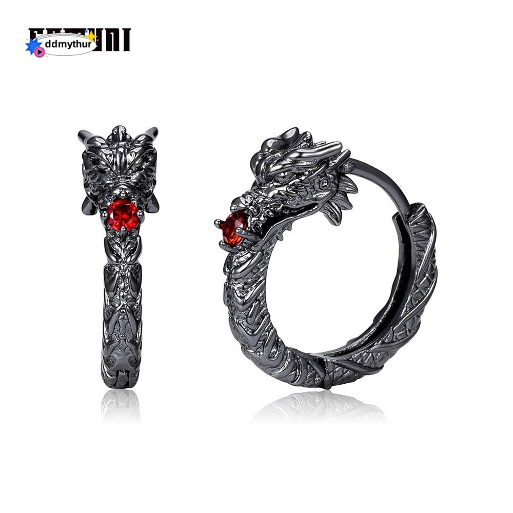 Catuni Hot Dragon Goth Punk Hoop Earrings Copper inlaid Red Zircon Hip Hop Rock Earring Jewelry Accessories Gift for Man Woman ddmythur