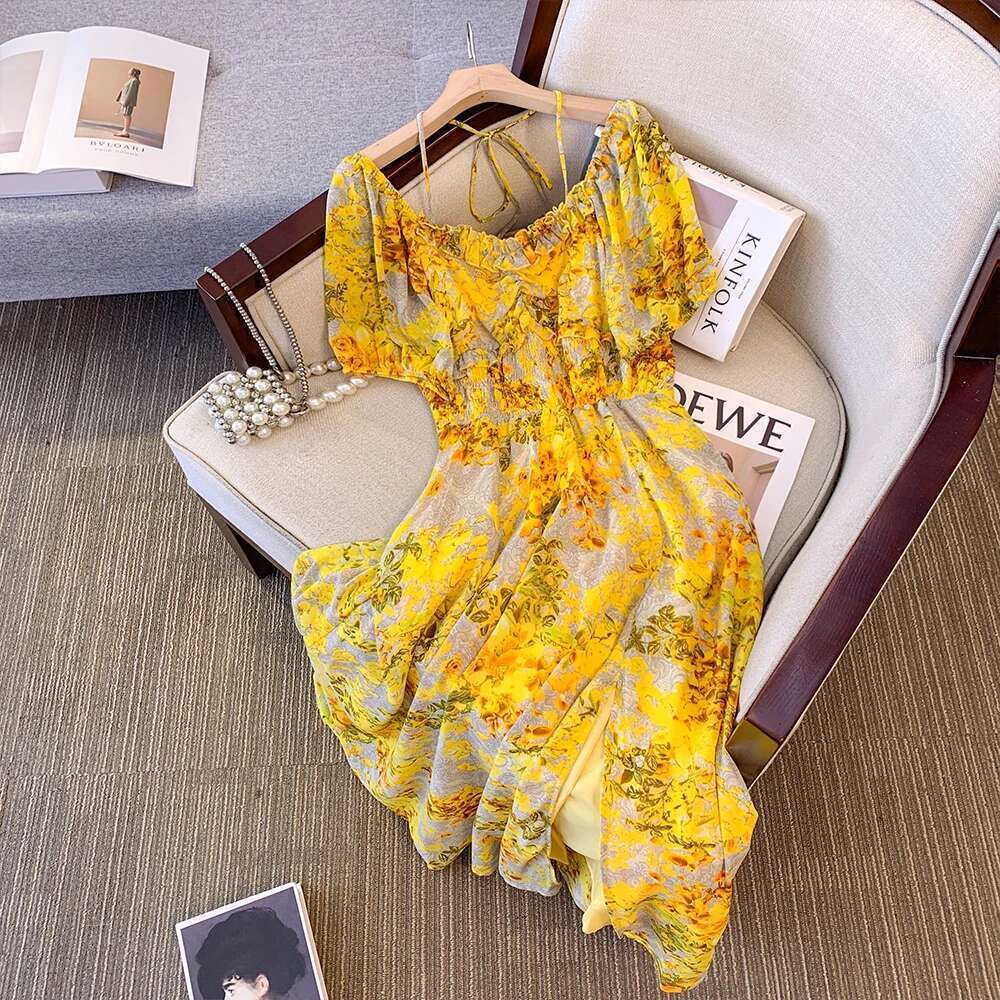 Summer Plus Size Women's Chiffon High Waist Short Sleeve Yellow Floral Split Dress Casual Seaside Beach Style