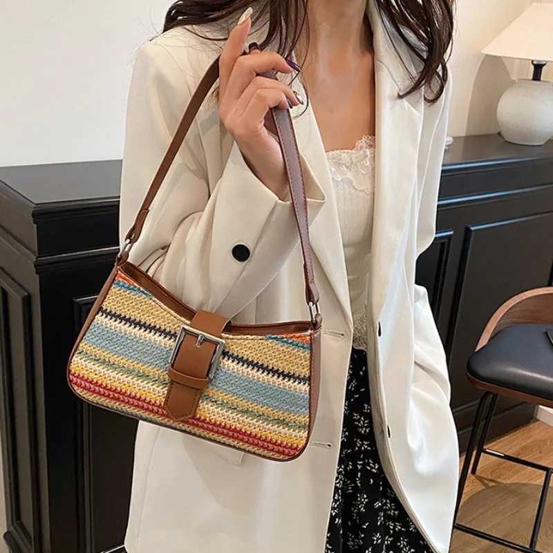 Fashion Rainbow Grass Woven Shoulder Bag Ladies Banquet Bag 2025 Spring New Light Luxury Shoulder Bag with Armpit BagW250512