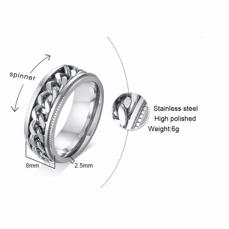 Vnox 8mm Spinner Chain Unique Mens Womens Ring Textured Edge Stainless Steel Rotatable Links Casual Male Alliance Punk Anel 250509