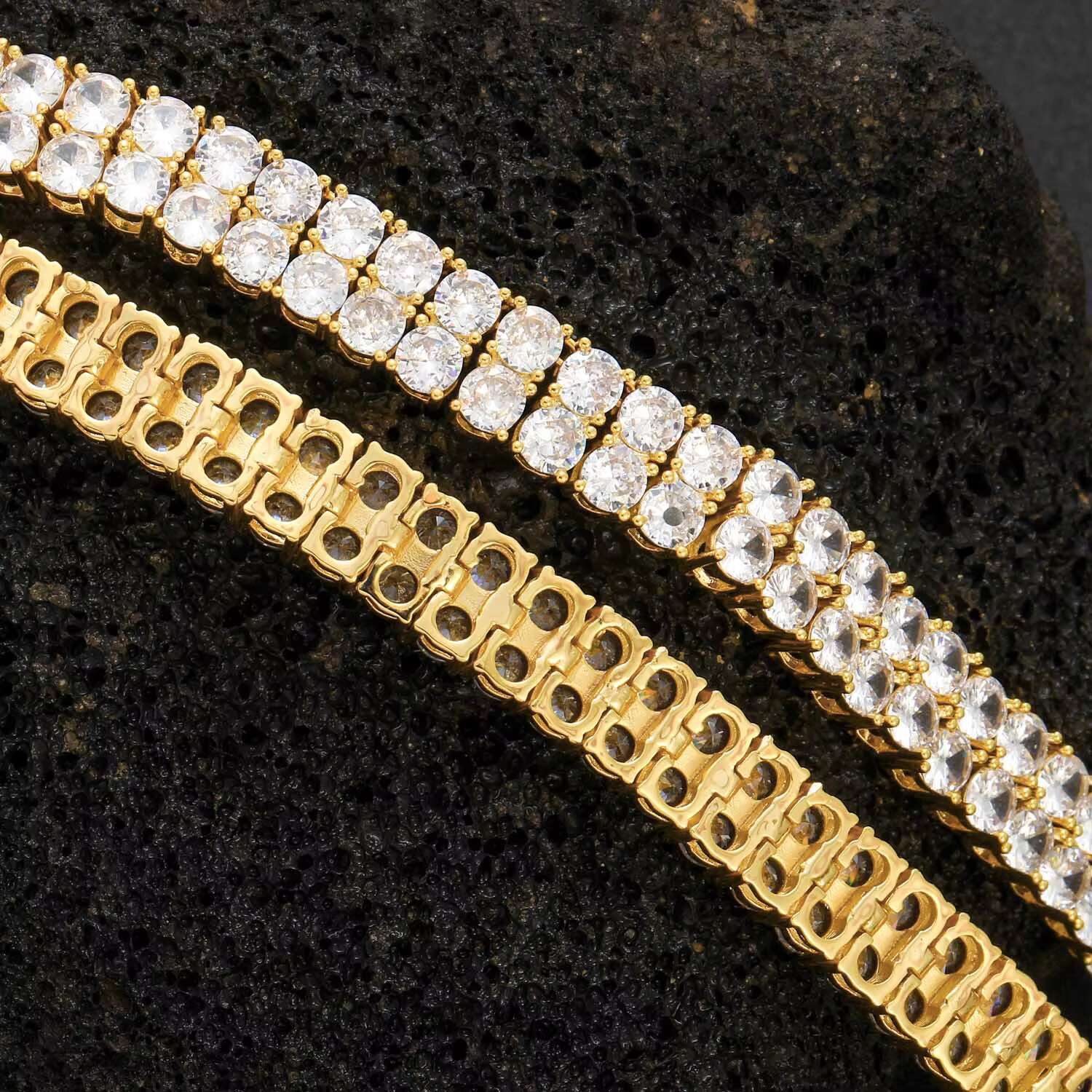 BES 5mm Ins Hip Hop Necklace Male Double Row Full Diamond Zircon Necklace Hip Hop Spring Buckle Collarbone Chain Tennis Chain