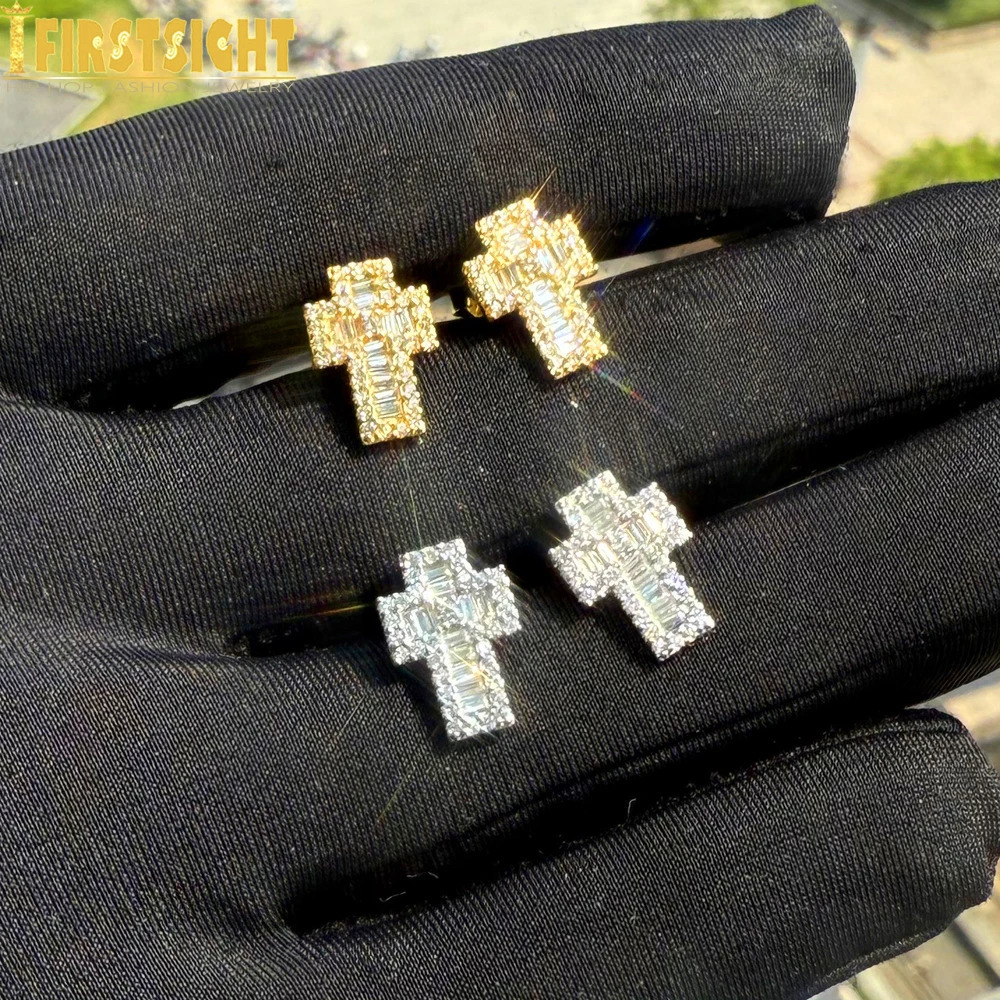 Punk Cross Stud Earring for Men Iced Out Zirconia Hip Hop Gold Color Womens Men Fashion Jewelry 250512