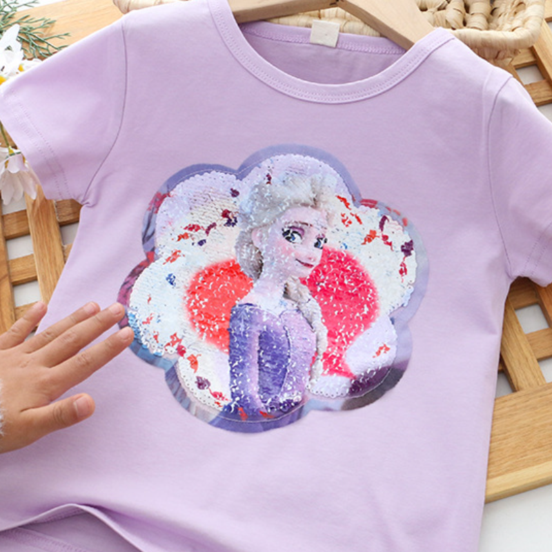 DISNEY Frozen Princess Elsa Kids designer clothes Little girl summer outfit short-sleeved reversible color-changing sequin T-shirt princess top.