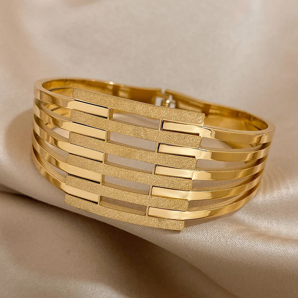 Greater Stainless Steel Chunky Geometric Wide Bangles Bracelets for Women Gold Plated Metal Bracelet Waterproof Jewelry 250512