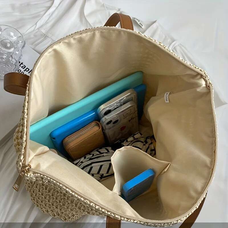 Large Capacity Women's Handbag, Straw Woven Shoulder Summer Versatile Vacation Beach Bag