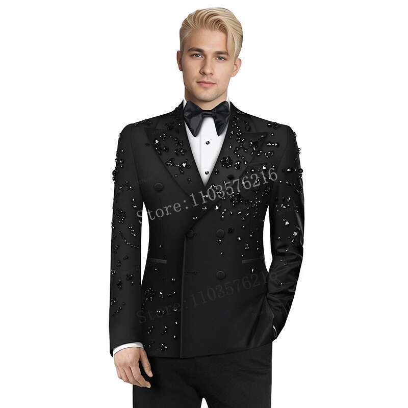 B02 2 Pieces Men's Jewel Decoraction Notched Lapel Blazer Formal Party Prom Suits for Wedding Groom