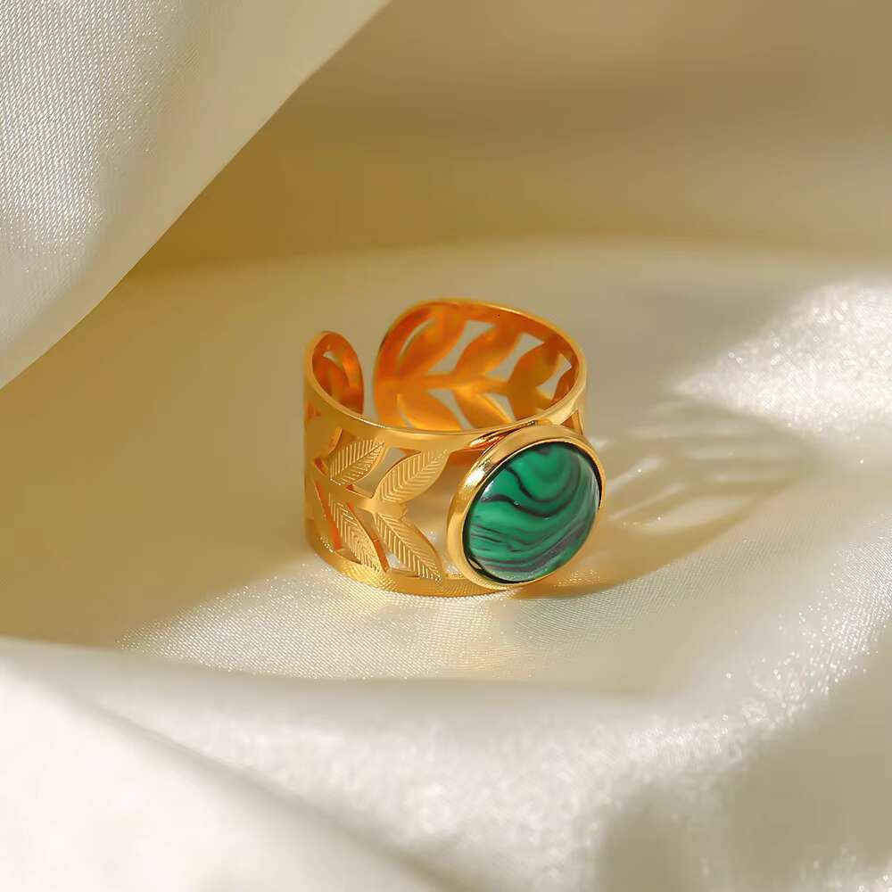 Stainless Steel Stackable Open Ring Wedding Green Gemstone Emerald Natural Stone Ring for Women
