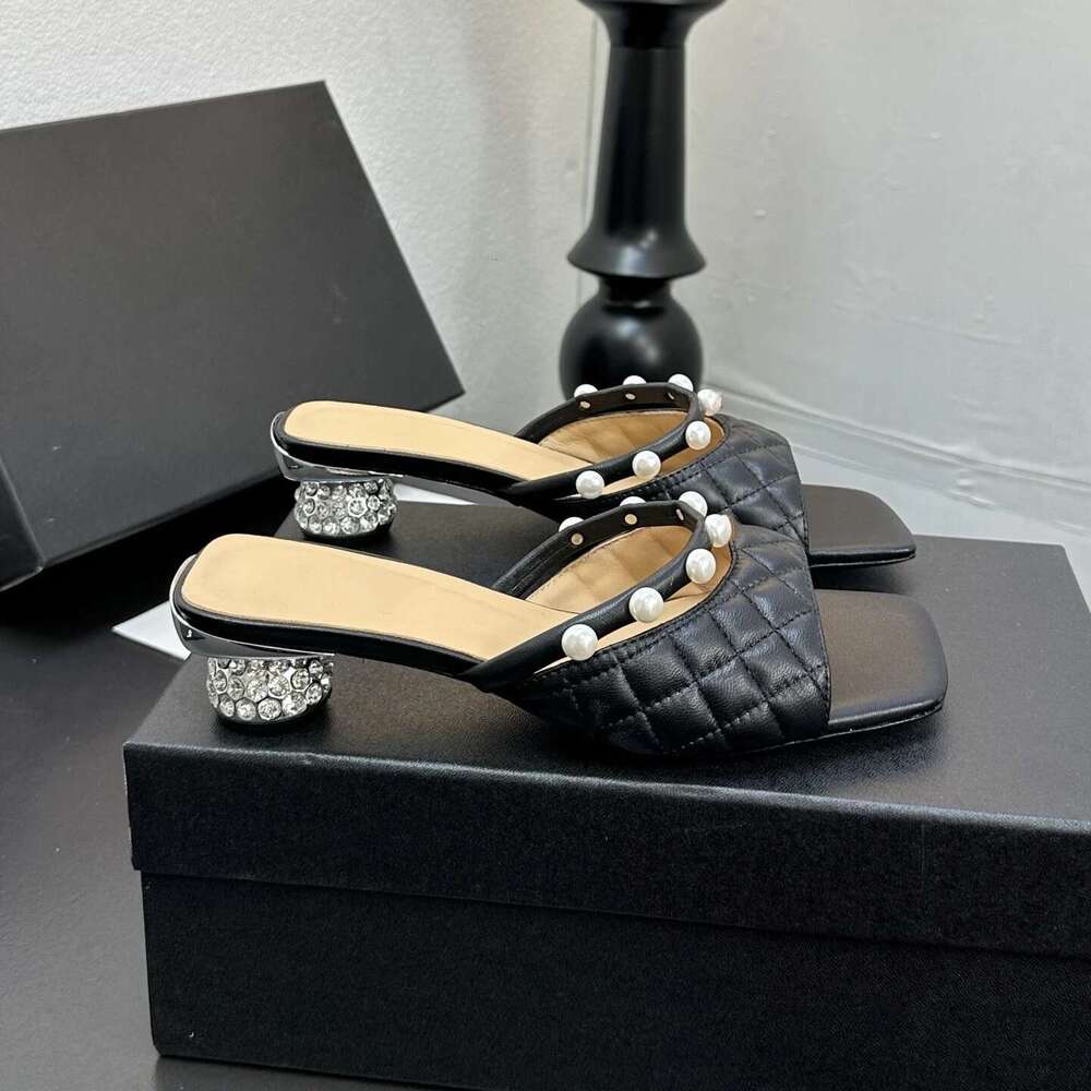 Women Size34-41 Genuine Leather Slippers Med Heels Crystal Sewing Pearl Summer Slides Designer Shoes Zapatillas De Mujer