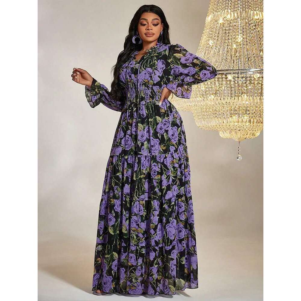 TOLEEN Women Plus Size Maxi Dresses Sweet Print Birthday Party Vintage Chiffon Lantern Sleeve Elegant Dress