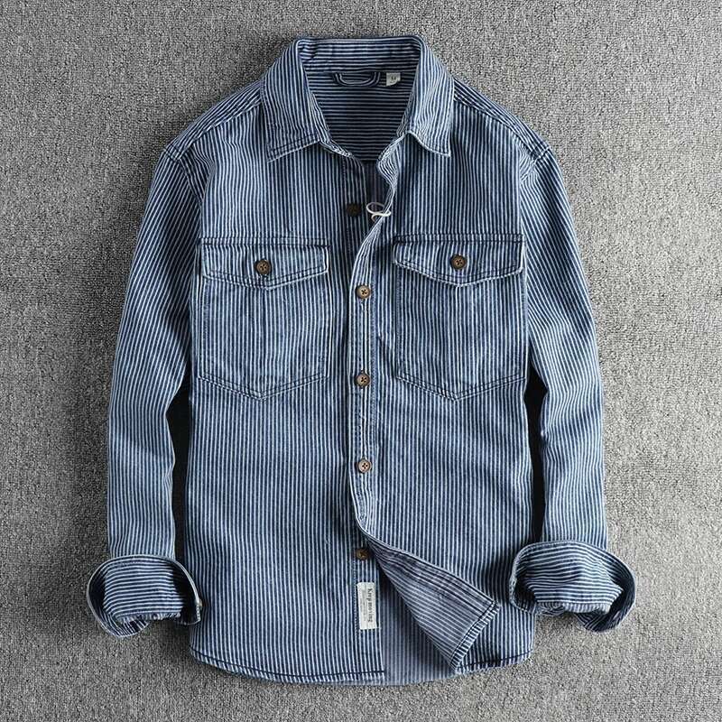 Yarn-Dyed Striped Fabric Washed To Make Old Vintage Cargo Denim For Men European And American Fashion Casual Shirt Coat