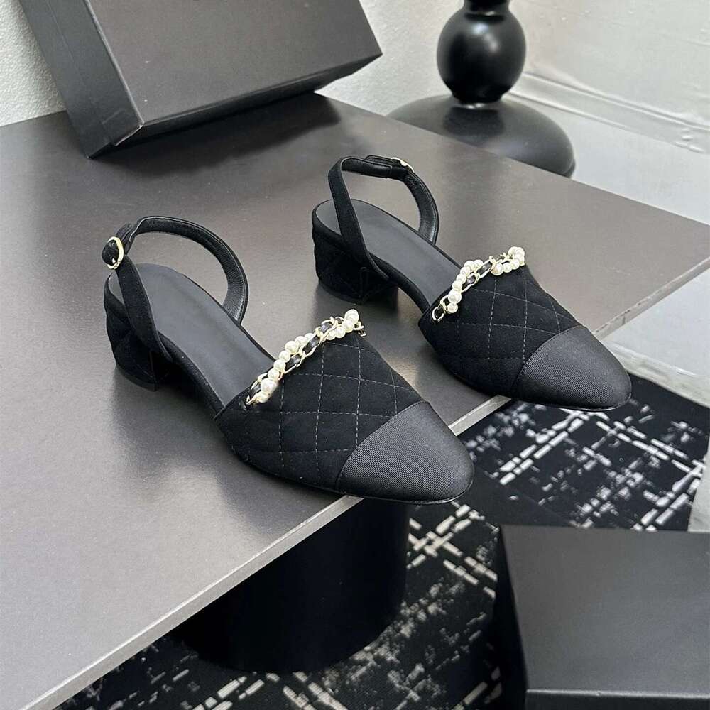 Women Size35-41 Genuine Leather Pumps Slingbacks Med Heels Pearl Chain Sandals Sewing Designer Shoes Zapatillas De Mujer