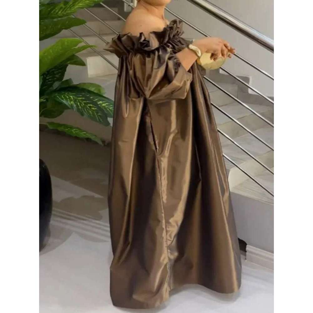 Beautyblue Plus Size Dresses Women Off-the-shoulder Maxi Dress Loose Elastic Puff Sleeve Oversized Brown New Elegant Robe Female