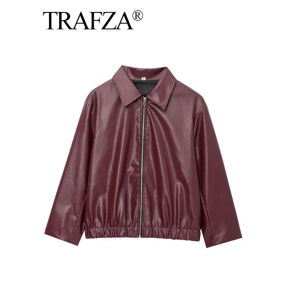 TRAFZA Wine Red Faux Leather Jakcet Fashion Outerwear Thicken Zipper Lapel Pu Coats Autumn Winter Streetwear Ladies Tops Women