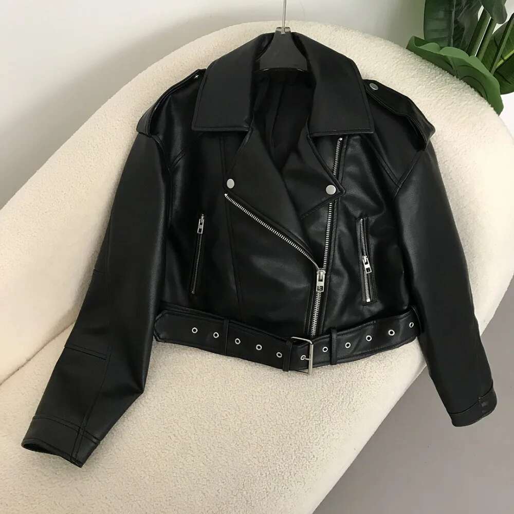New Spring Woman Faux Leather Jacket Chic Vintage American Street Wear Short Lapel Zipper Belt Biker Coats Fashion Streetwear-250512