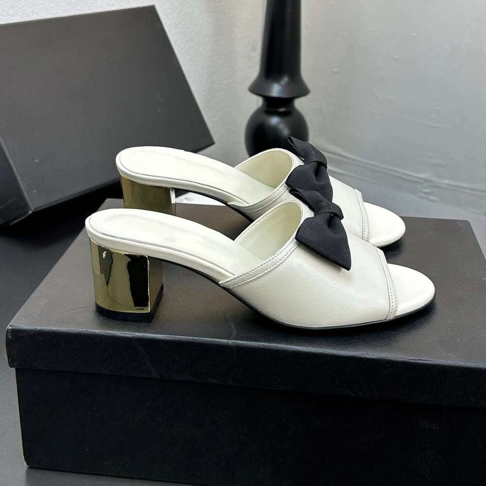 Women Size34-41 Genuine Leather Slippers High Heels Butterfly Knot Pumps Summer Slides Designer Shoes Zapatillas De Mujer