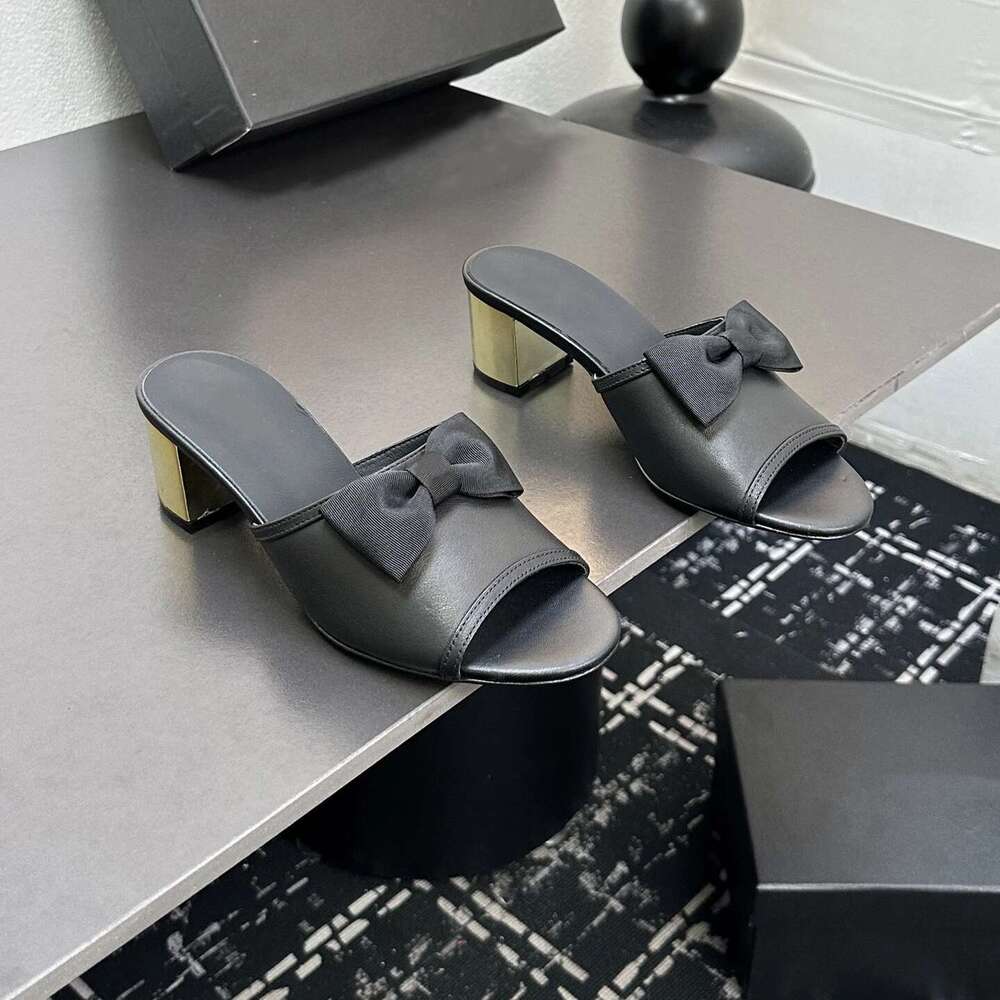 Women Size34-41 Genuine Leather Slippers High Heels Butterfly Knot Pumps Summer Slides Designer Shoes Zapatillas De Mujer