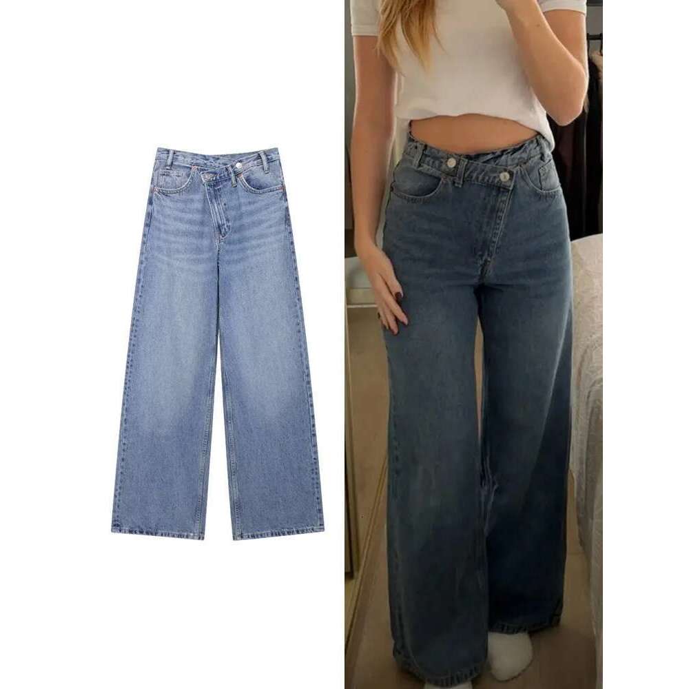 TRAF Women's Asymmetric Design High-Waisted Wide-Legged Jeans New Basic Models Versatile Fashion Straight Trousers