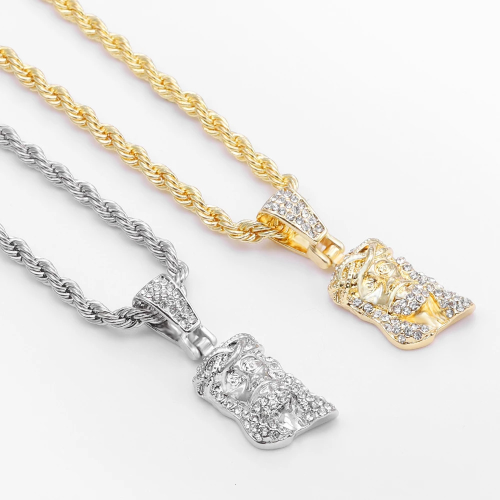 Jesus Christ Piece Head Face Pendant For Men Iced Out Shining Crystal Charm Necklace With Chain Hip Hop Jewelry 250509