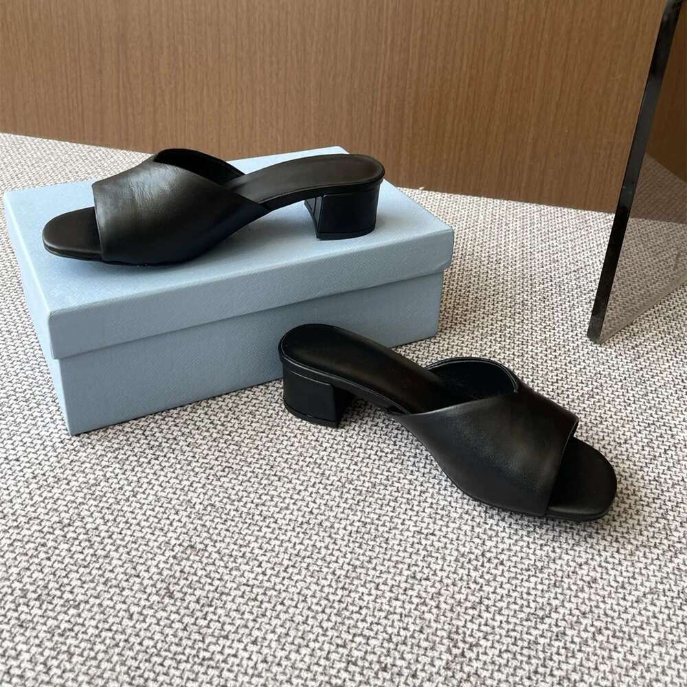 Women Genuine Leather Slippers Med Heels Summer Slides Solid Colors Leisure Pumps Designer Shoes Zapatillas De Mujer